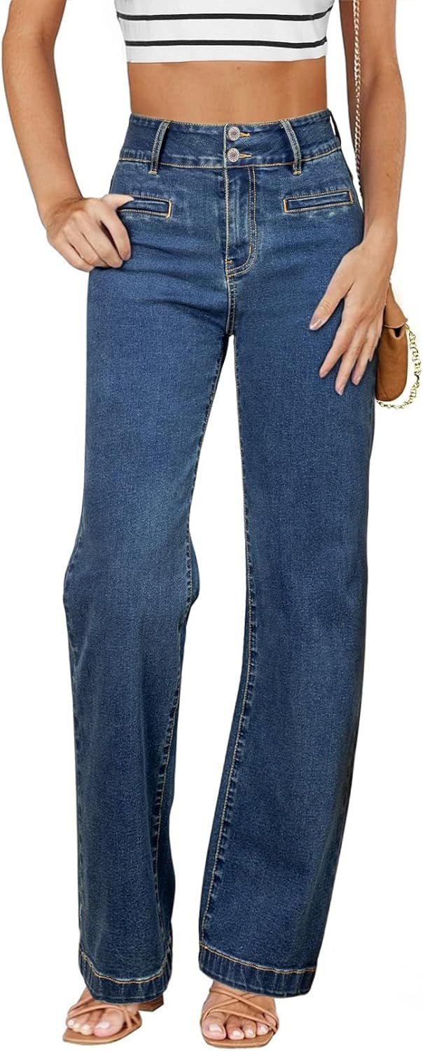 Sidefeel Women's Jeans High Waisted Straight Leg Stretchy Jeans Trendy Loose Wide Leg Zimbaplatinum Denim Pants with Pockets Vintage Dark Blue