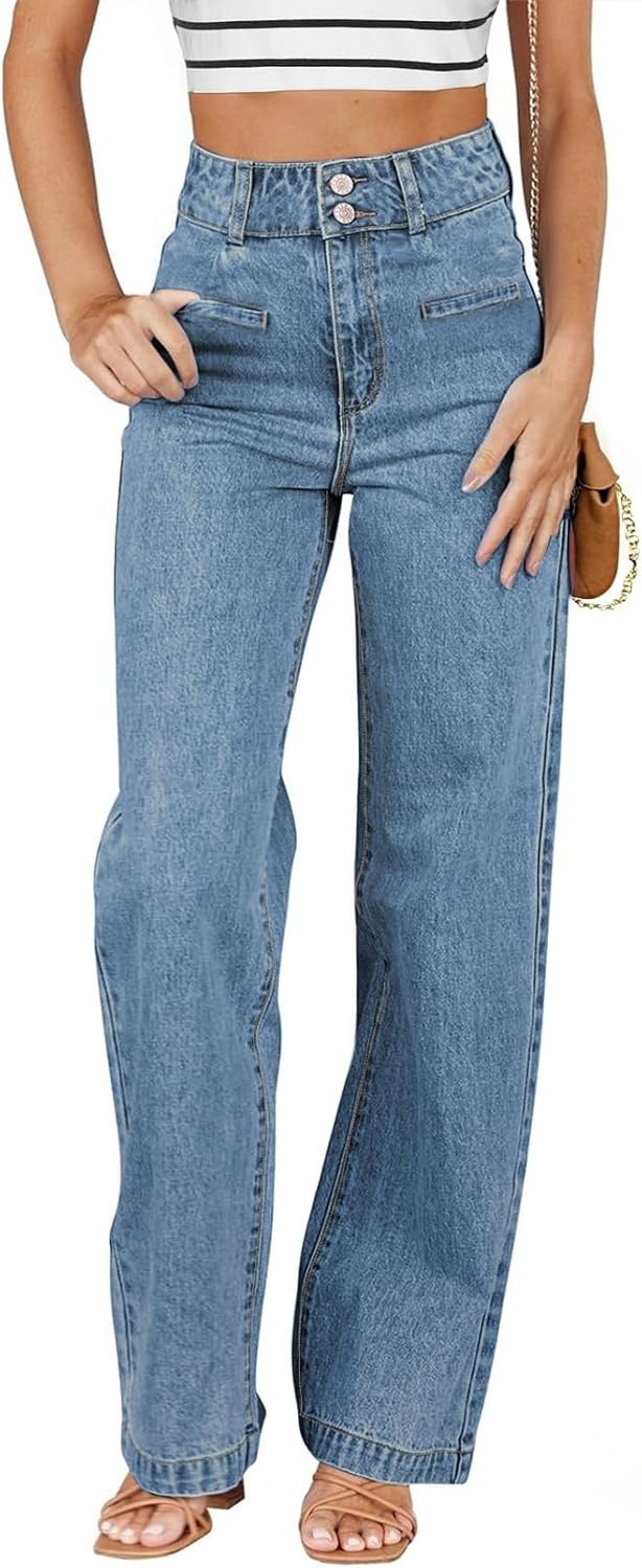 Sidefeel Women's Jeans High Waisted Straight Leg Stretchy Jeans Trendy Loose Wide Leg Zimbaplatinum Denim Pants with Pockets Vintage Blue