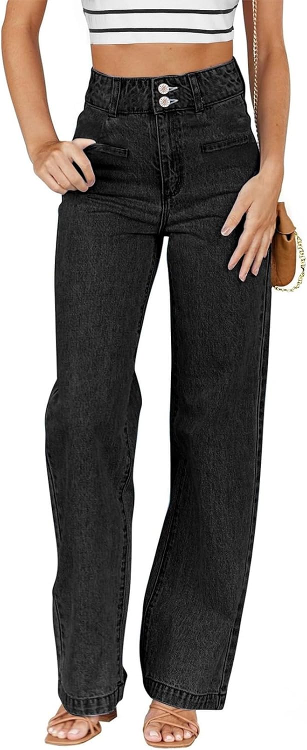 Sidefeel Women's Jeans High Waisted Straight Leg Stretchy Jeans Trendy Loose Wide Leg Zimbaplatinum Denim Pants with Pockets Black
