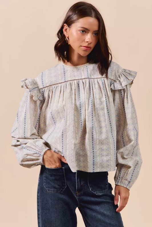 SO ME Floral Cotton Print Ruffled Long Sleeve Blouse BLUE