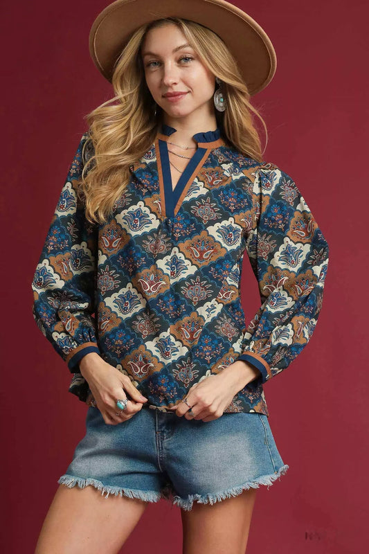 Umgee Abstract Print Ruffle Neck Top NAVY MIX