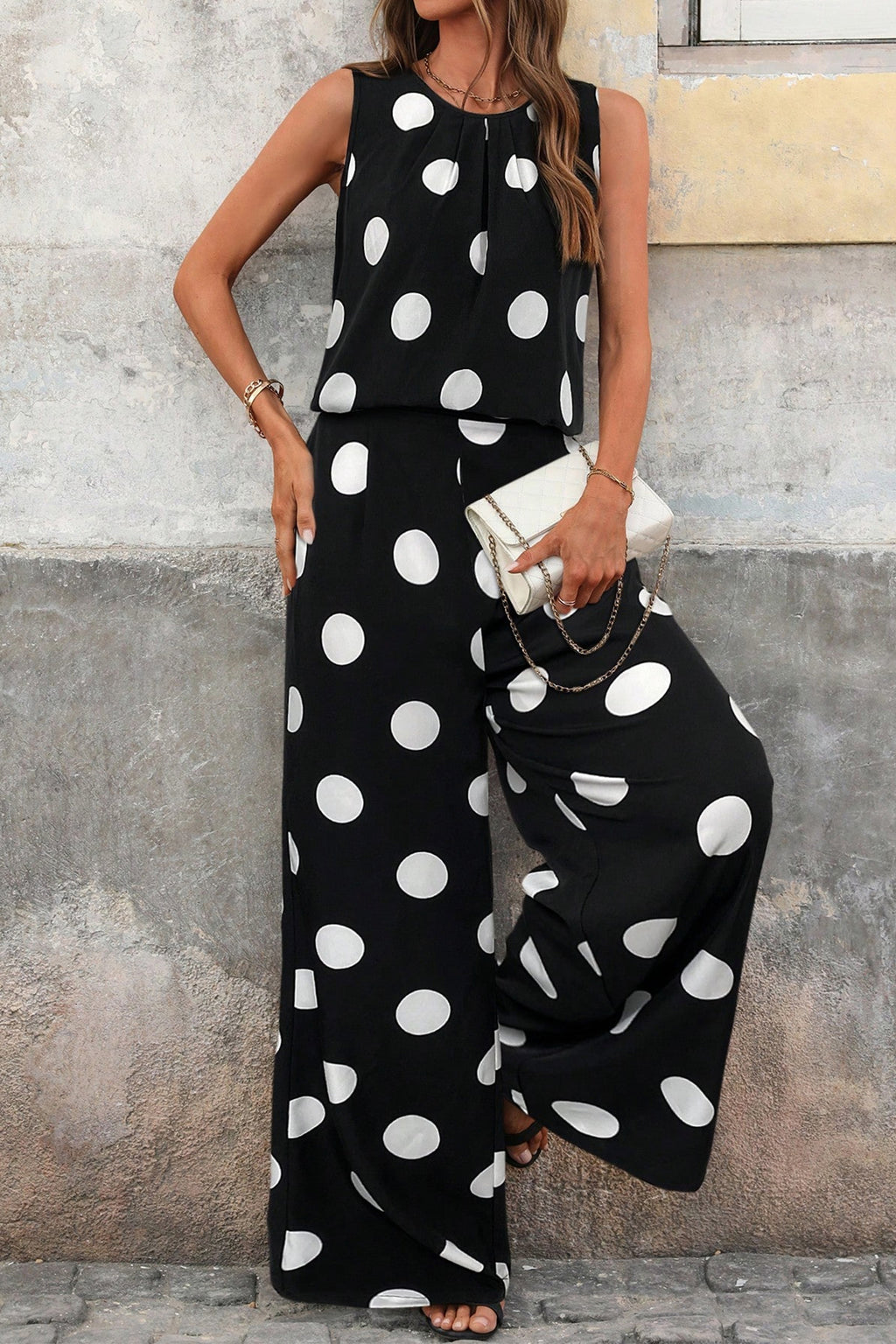 Black Polka Dot Print Pleated Round Neck Tank Casual Wide Leg Two-Piece Outfit Black 100%Polyester