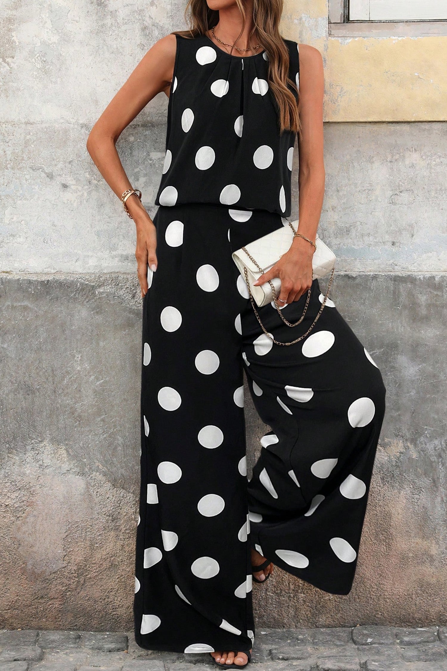 Black Polka Dot Print Pleated Round Neck Tank Casual Wide Leg Two-Piece Outfit Black 100%Polyester