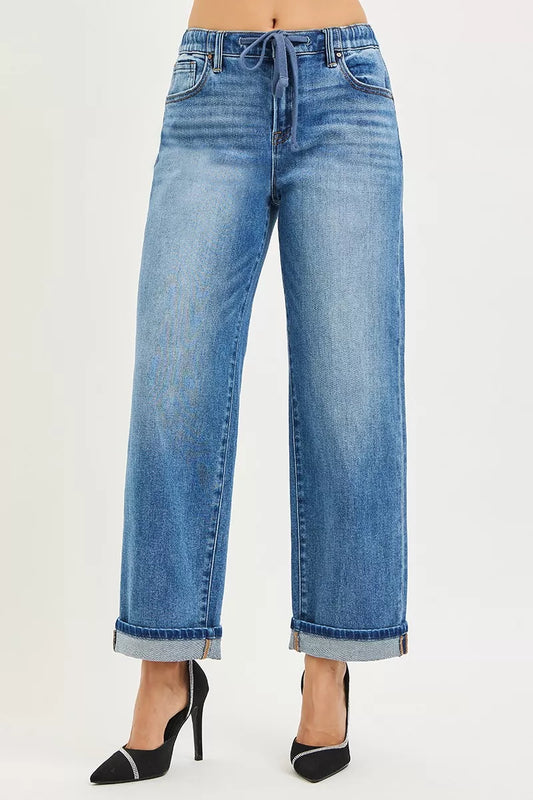 RISEN Elastic Band Slouch Ankle Boyfriend Cuffed Hem Jeans MEDIUM