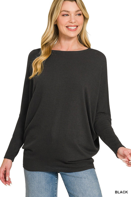 Zenana Hacci Dolman Sleeve Boat Neck Top BLACK