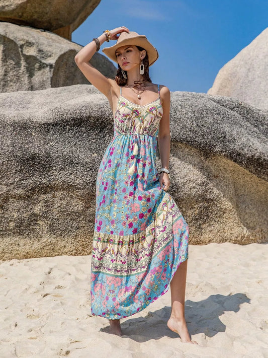 Tassel Floral Print Cami Dress Light Blue