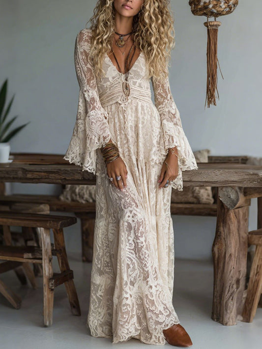 Lace Deep V-Neck Maxi Dress Apricot