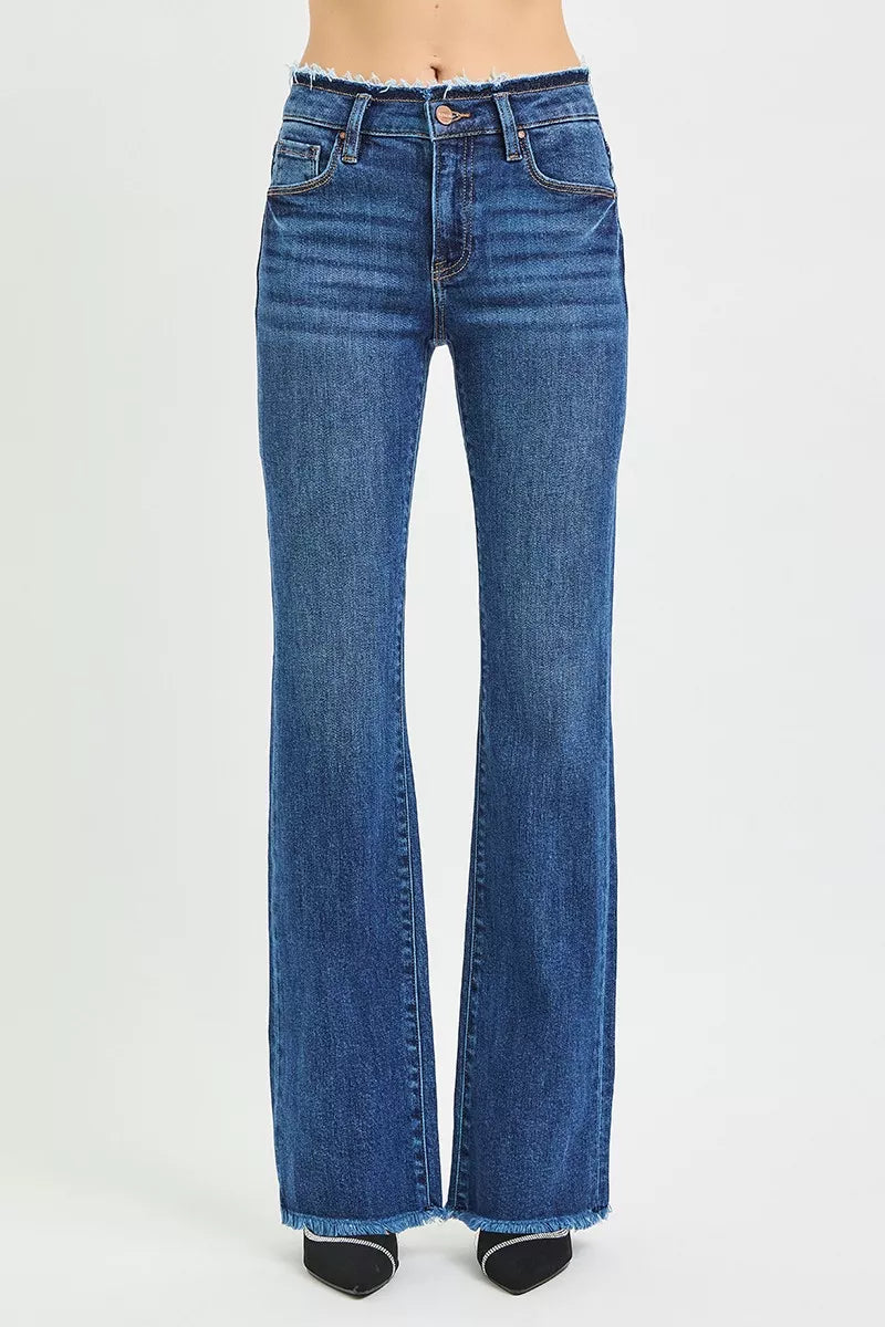 RISEN Mid Rise Bootcut Frayed Waistband Hem Detail Jeans