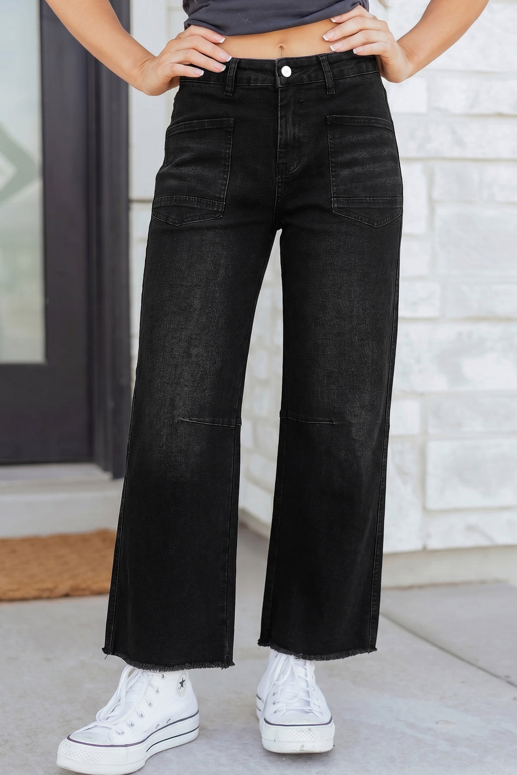 Black Frayed Cropped Straight Jeans Black 65%Cotton+33%Polyester+2%Elastane