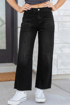 Black Frayed Cropped Straight Jeans Black 65%Cotton+33%Polyester+2%Elastane