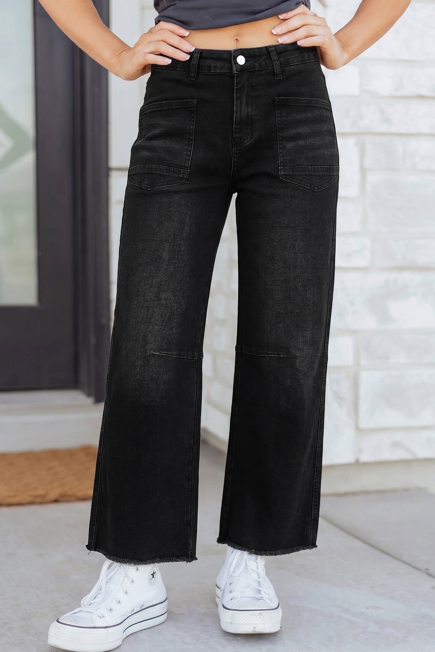 Black Frayed Cropped Straight Jeans Black 65%Cotton+33%Polyester+2%Elastane