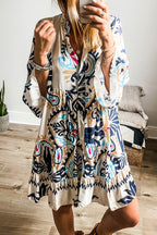 White Printed Tribal Bracelet Sleeve Buttoned Mini Dress White Printed 100%Polyester
