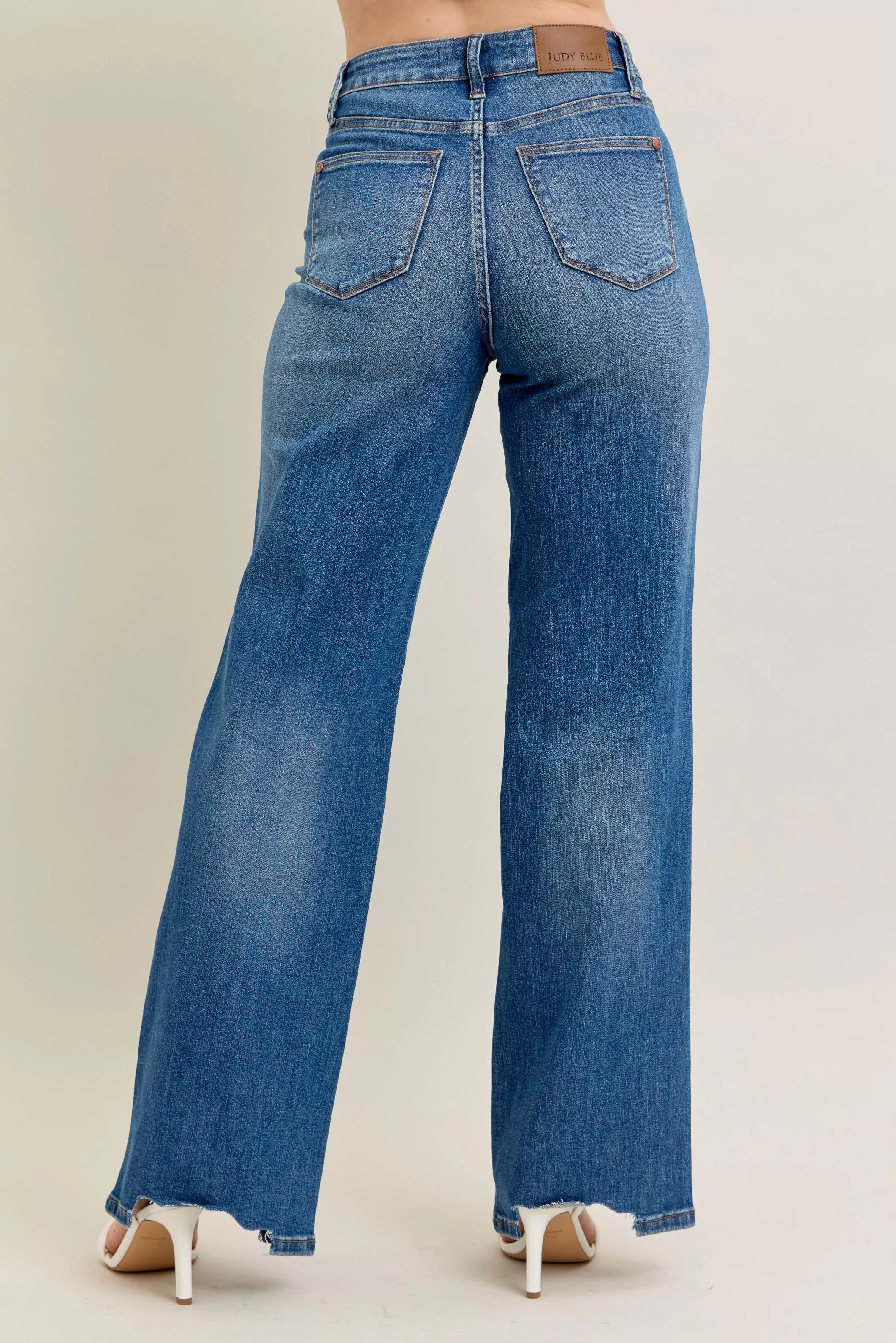 Judy Blue High Waist Tummy Control Chew Hem Destroy Wide Jeans 88932