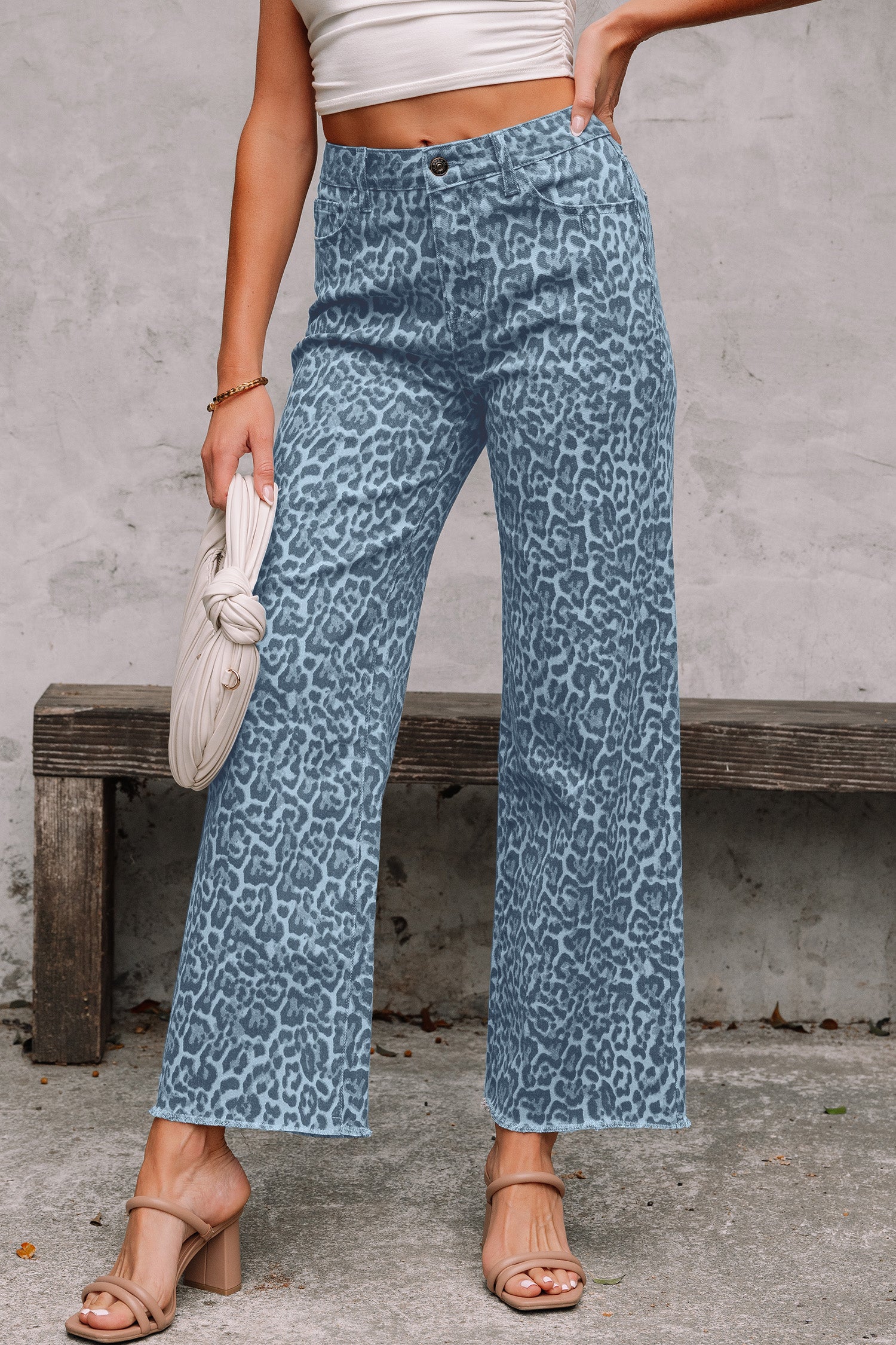 Brown Leopard Frayed Edge Wide Leg High Waist Jeans Sky Blue 65%Cotton+33%Polyester+2%Elastane
