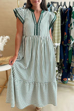 Black Stripe Double Ruffled Short Sleeve Contrast Trim V Neck Midi Dress
