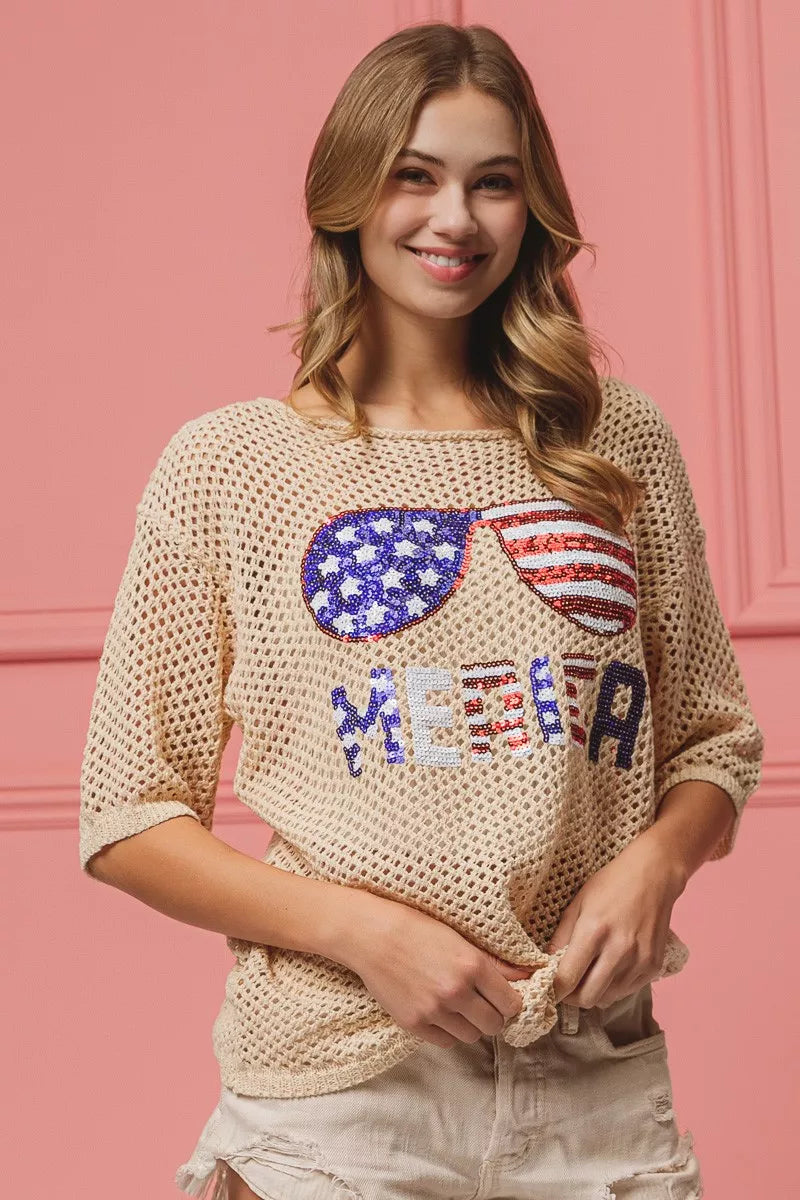 BiBi Sequin American Flag Sunglasses Knit Cover Up