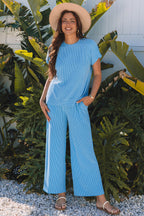 Blue Solid Corded Knit Short Sleeve T Shirt and Wide Leg Pants Set Blue 75%Polyester+20%Viscose+5%Elastane