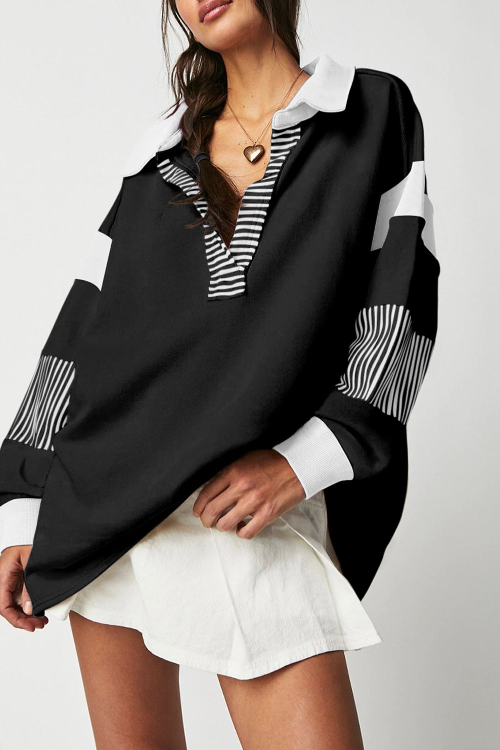 Black Striped Colorblock Patchwork Collar Sweatshirt Black 50%Polyester+50%Cotton