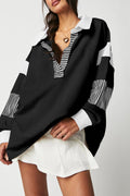 Black Striped Colorblock Patchwork Collar Sweatshirt Black 50%Polyester+50%Cotton
