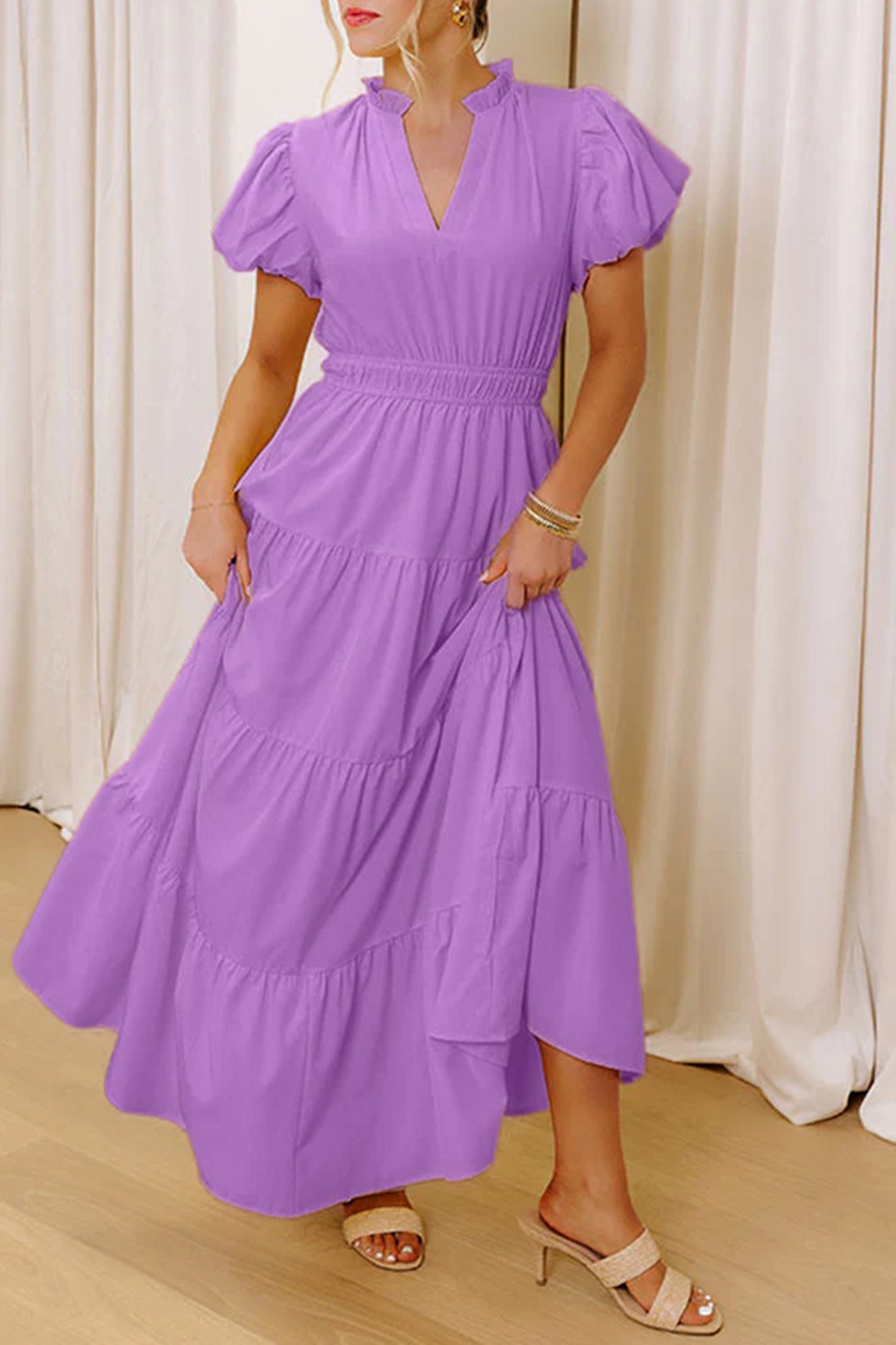 Gossamer Pink Solid Color V Neck Short Puff Sleeve High Waist Tiered Maxi Dress Lavendula 100%Polyester