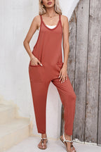 Gold Flame Side Pockets Harem Pants Sleeveless V Neck Jumpsuit Gold Flame 75%Polyester+20%Cotton+5%Elastane