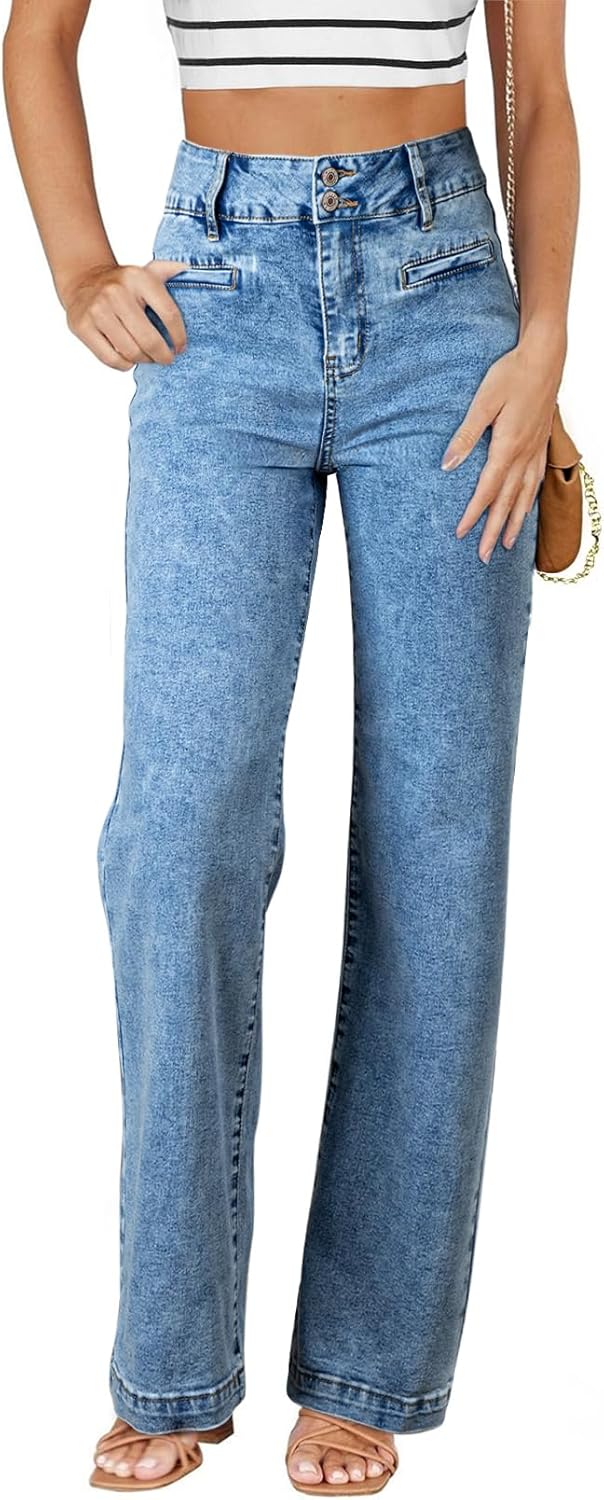 Sidefeel Women's Jeans High Waisted Straight Leg Stretchy Jeans Trendy Loose Wide Leg Zimbaplatinum Denim Pants with Pockets Washed Light Blue