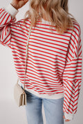 Orange Stripe Drop Shoulder Crew Neck Loose Sweatshirt Orange Stripe 70%Polyester+25%Cotton+5%Elastane