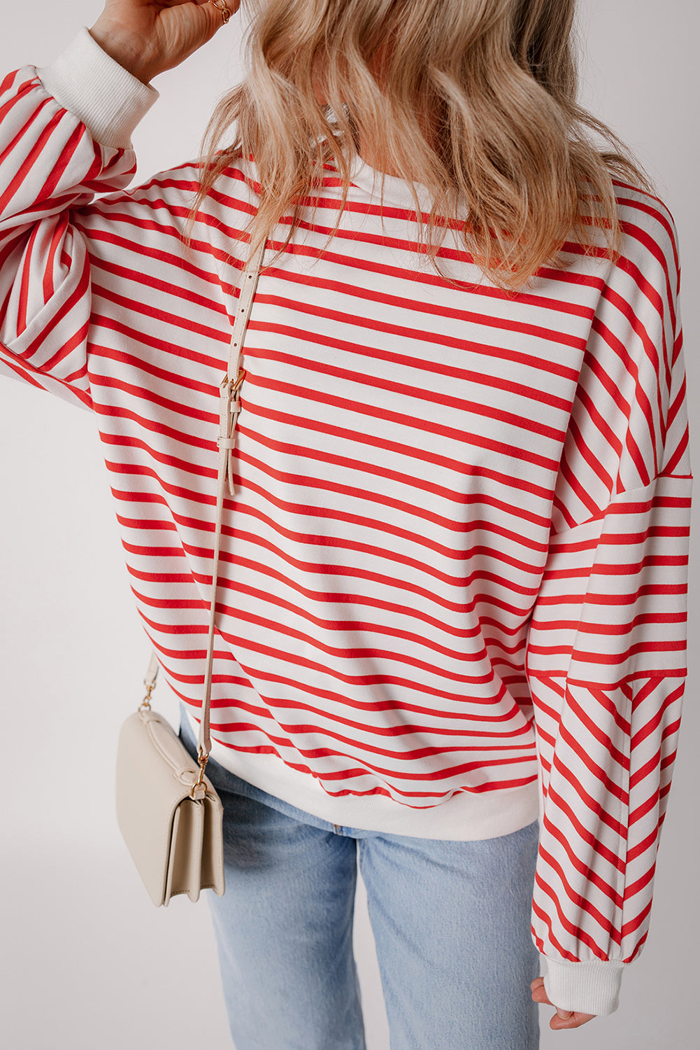 Orange Stripe Drop Shoulder Crew Neck Loose Sweatshirt Orange Stripe 70%Polyester+25%Cotton+5%Elastane