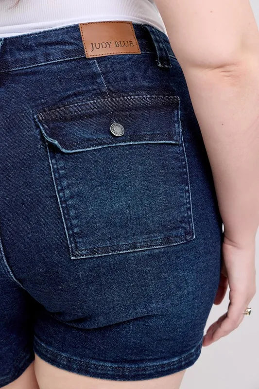 Judy Blue High Waist Back Flap Pocket Dark Wash Denim Shorts
