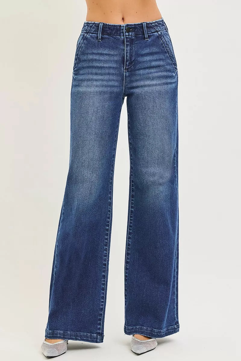 RISEN High Rise Wide Leg Slanted Pocket Jeans DARK