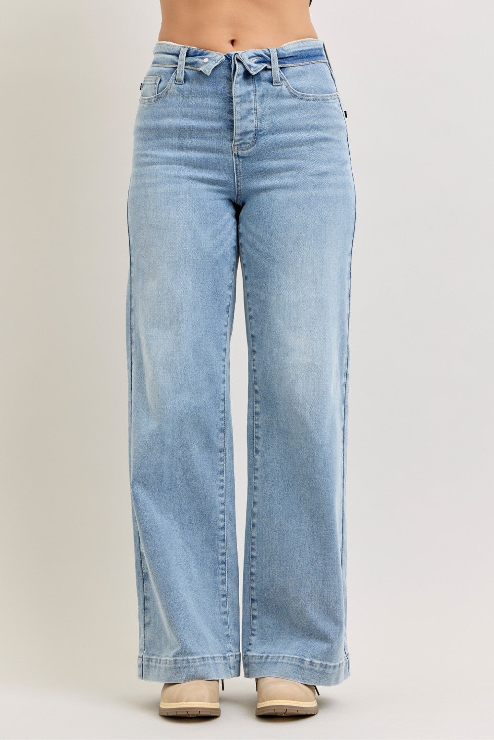 Judy Blue Mid Rise Retro Fold-over Waistband Wide Leg Denim Jeans 881104 LT