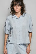POL Button Down Embroidered Floral Short Sleeve Shirt SKY MULTI
