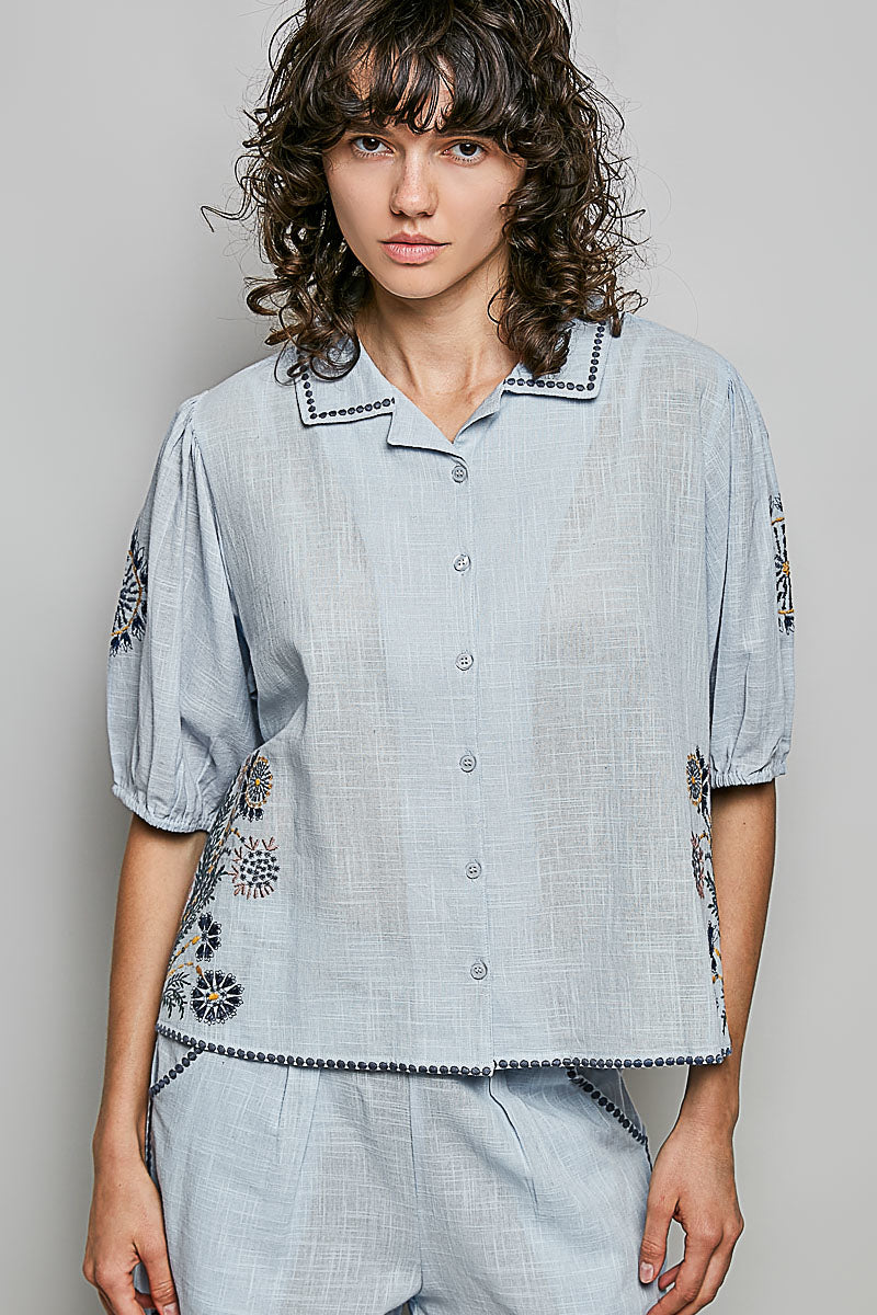POL Button Down Embroidered Floral Short Sleeve Shirt SKY MULTI