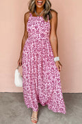 Pink Floral Cutout Back Empire Waist Sleeveless Maxi Dress Pink 100%Polyester