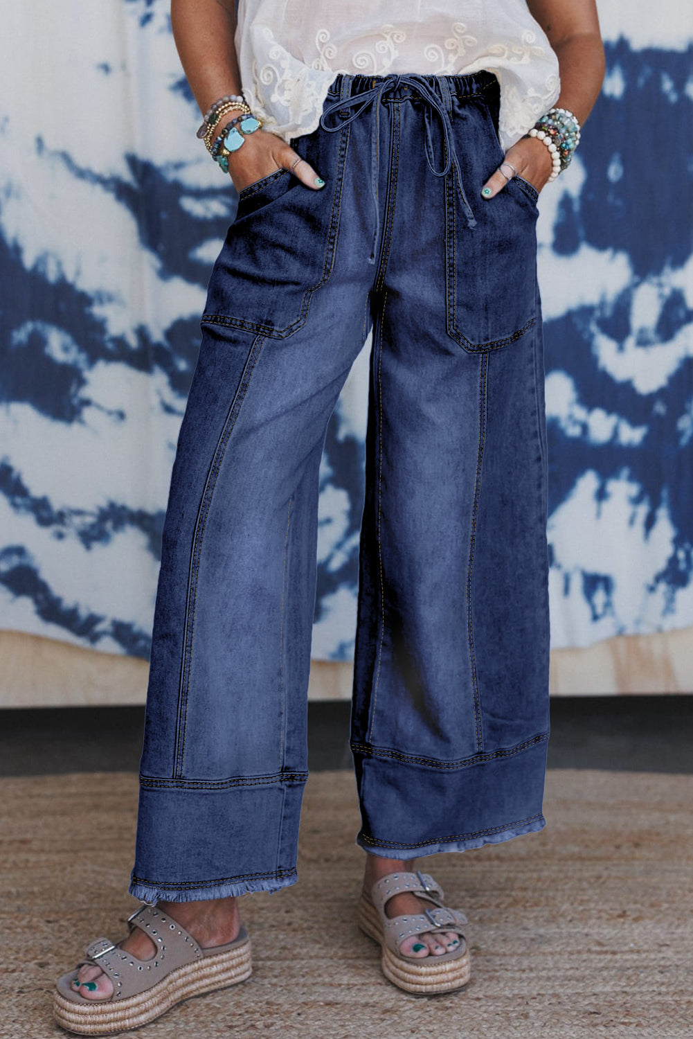 Gray Drawstring Seam Detail Raw Hem Wide Leg Jeans Prussian Blue 75%Cotton+23%Polyester+2%Elastane