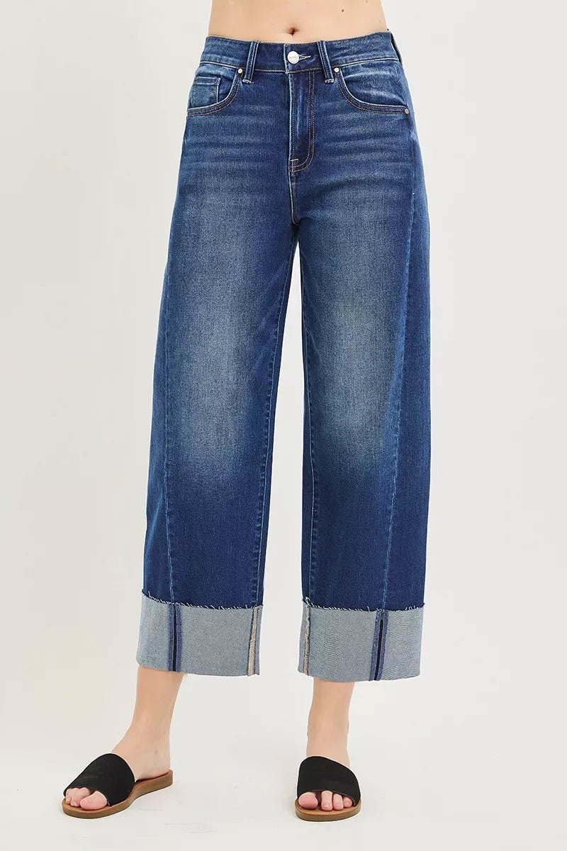RISEN Full Size Slouchy Crop Barrel Cuffed Jeans Plus Size DARK