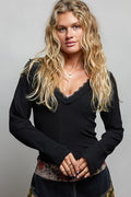 POL V-Neck Long Sleeve Ribbed Top with Lace-Accent Neckband BLACK