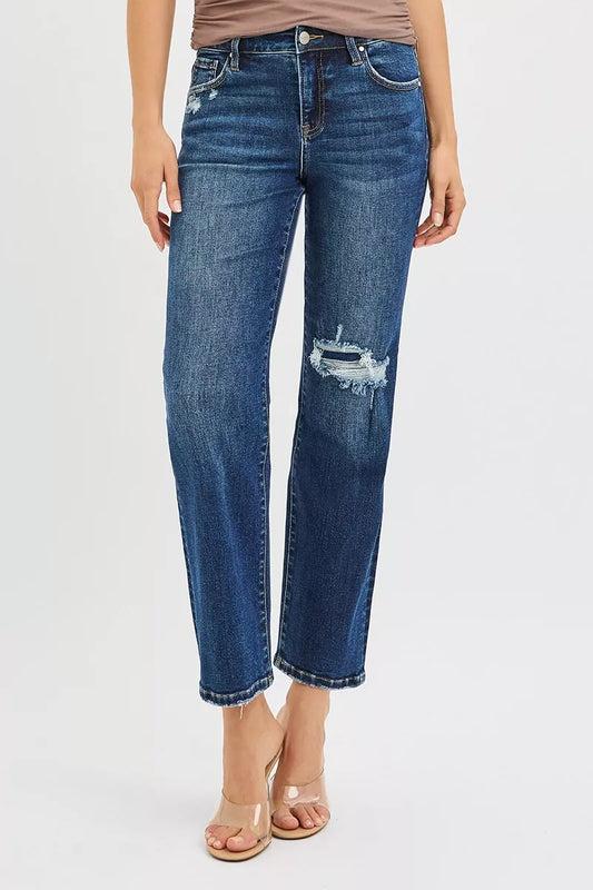 RISEN High Rise Crop Slim Straight Jenas with Hidden Knee Patch DARK