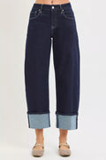 RISEN Slouchy Crop Barrel Cuffed Hem Jeans Solid Dark