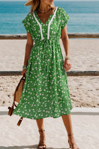 Green Abstract Print Embroidered Trim V Neck Drawstring High Waist Loose Vacation Dress Green 100%Polyester