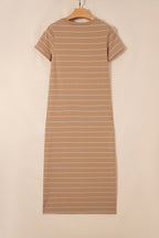 Black Stripe Casual Short Sleeve Side Slit Maxi T Shirt Dress