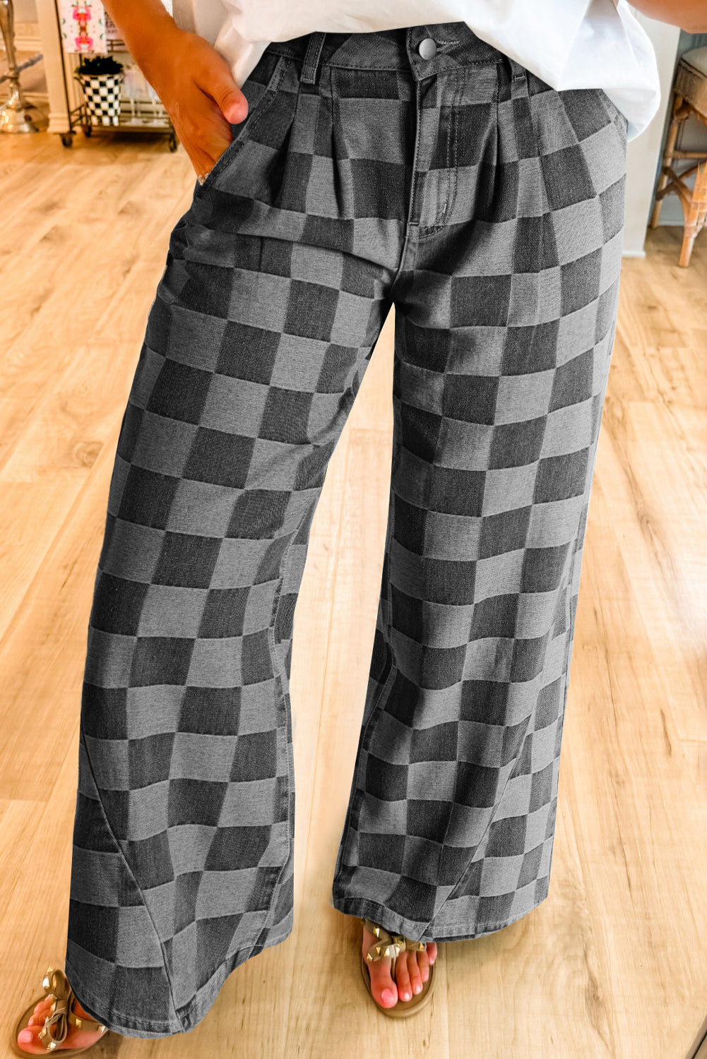 Dark Grey Checkered Denim Wide Leg Jeans Dark Grey 50%Polyester+50%Cotton