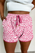 Pink Leopard Elastic Waistband Lace up Contrast Trim Casual Shorts Pink 95%Polyester+5%Elastane
