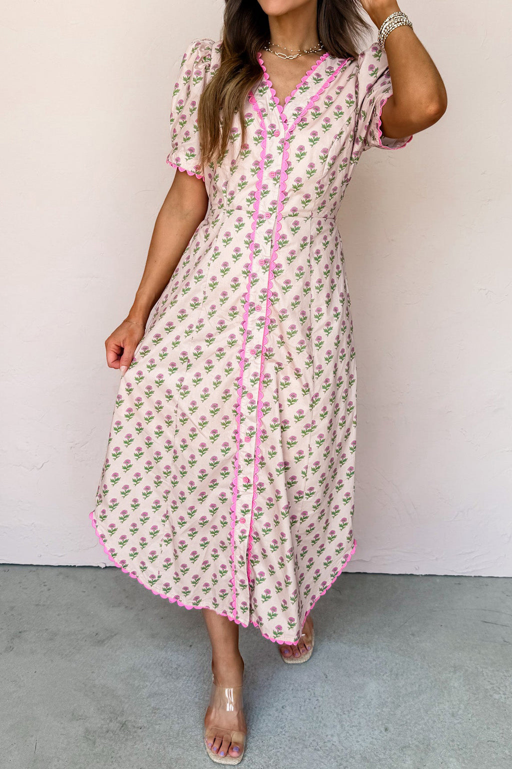 Pink Floral Print V Neck Scallop Trim Button Front Short Sleeve Long Dress Pink 100%Cotton