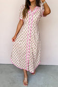 Pink Floral Print V Neck Scallop Trim Button Front Short Sleeve Long Dress Pink 100%Cotton