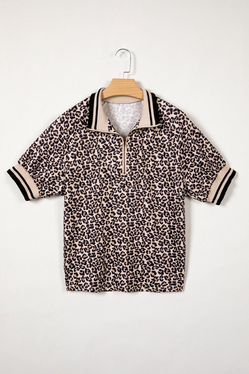 Khaki Leopard Print Half Zip Striped Trim Patchwork Short Sleeve Top