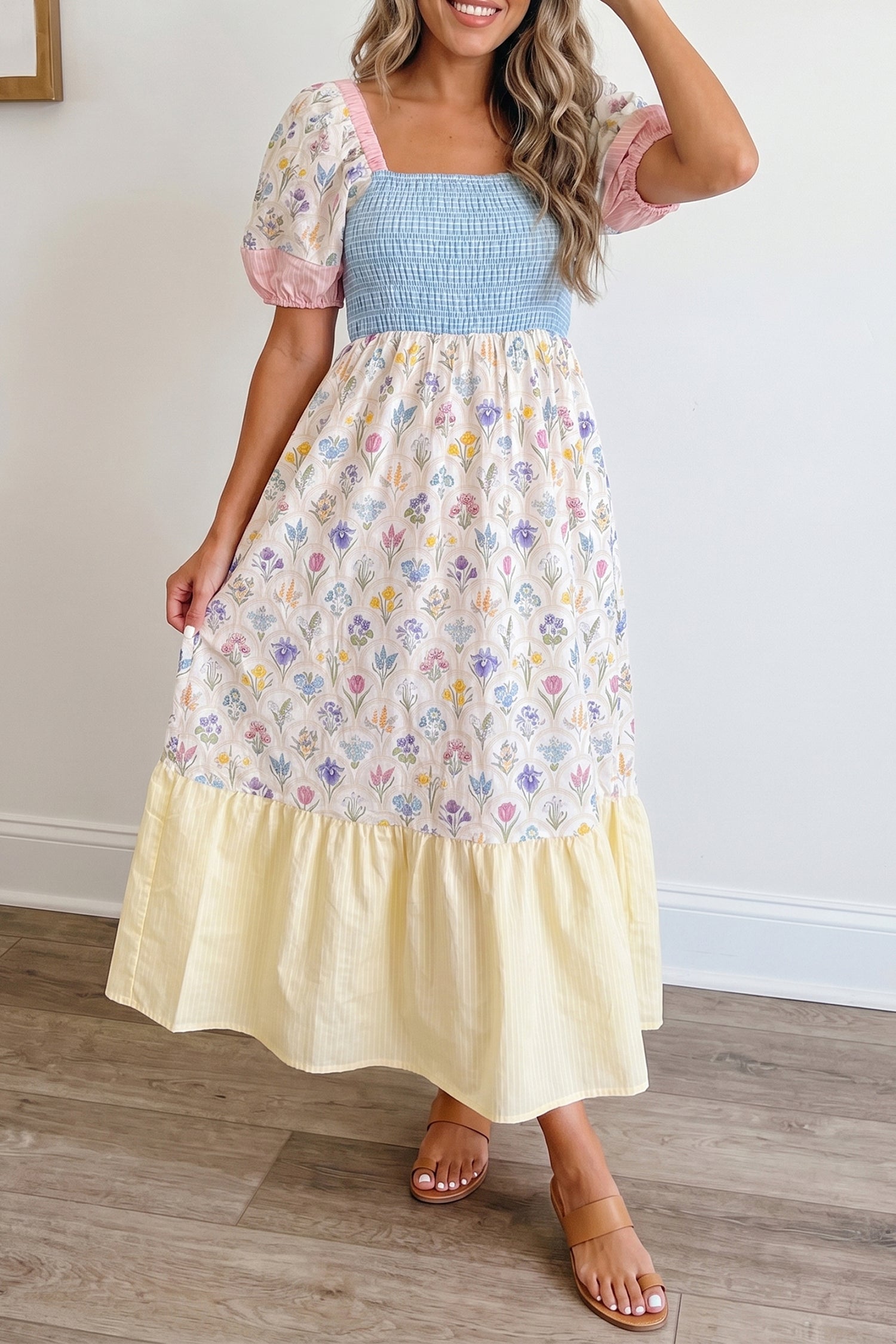 Multicolour Floral Print Striped Color Block Patchwork Square Neck Shirred Long Dress Multicolour 100%Polyester