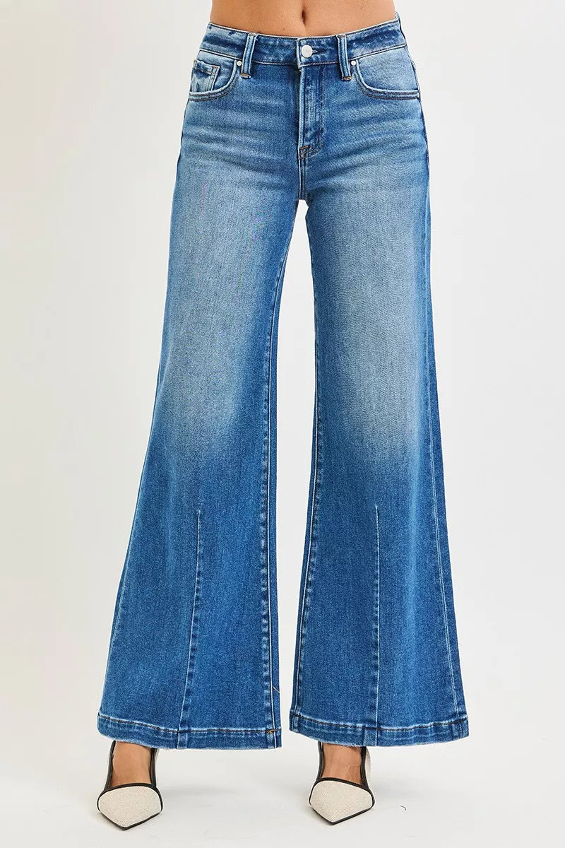 RISEN Full Size Mid Rise Wide Leg Jeans with Flared Look Plus Size MEDIUM