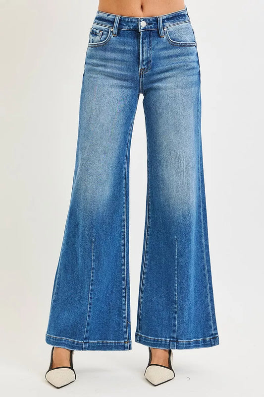 RISEN Full Size Mid Rise Wide Leg Jeans with Flared Look Plus Size MEDIUM