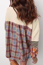 Beige Waffle Stripe Plaid Patchwork Henley Knit Top